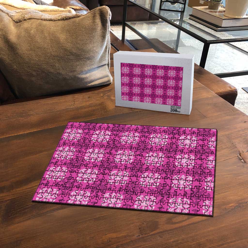 Pink Hawaiian Quilt Puzzle Hawaii Pineapple Monstera Palaka Motifs - Polynesian Pride