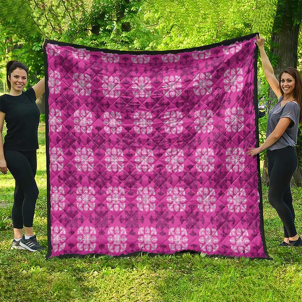Pink Hawaiian Quilt Quilt Hawaii Pineapple Monstera Palaka Motifs - Polynesian Pride