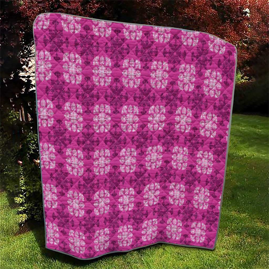Pink Hawaiian Quilt Quilt Hawaii Pineapple Monstera Palaka Motifs - Polynesian Pride