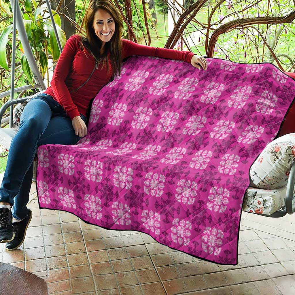 Pink Hawaiian Quilt Quilt Hawaii Pineapple Monstera Palaka Motifs - Polynesian Pride