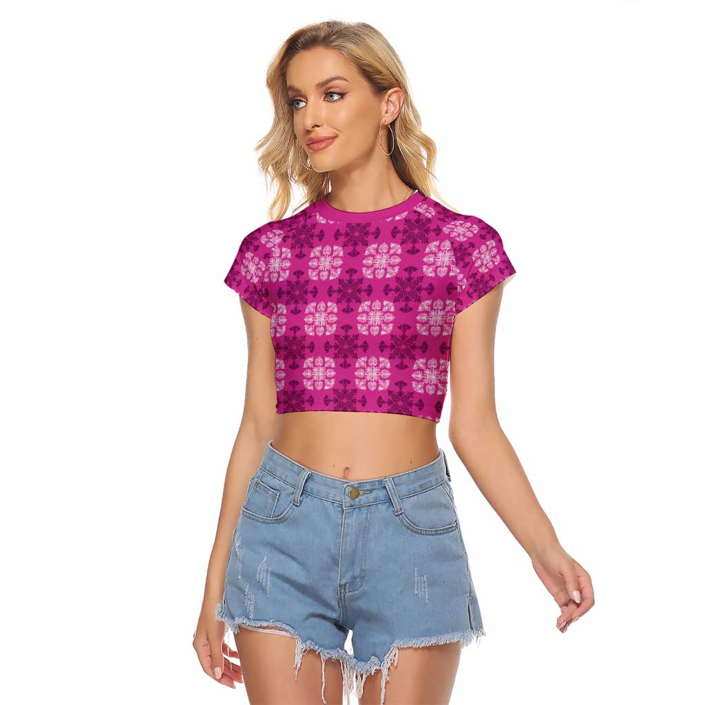 Pink Hawaiian Quilt Raglan Cropped T Shirt Hawaii Pineapple Monstera Palaka Motifs - Polynesian Pride