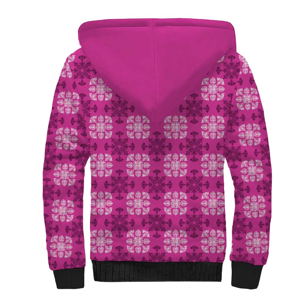 Pink Hawaiian Quilt Sherpa Hoodie Hawaii Pineapple Monstera Palaka Motifs - Polynesian Pride
