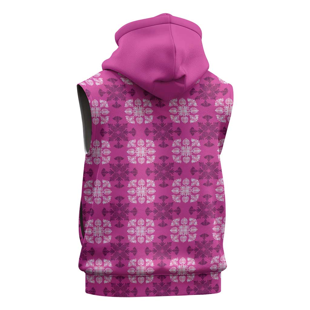 Pink Hawaiian Quilt Sleeveless Zip Hoodie Hawaii Pineapple Monstera Palaka Motifs - Polynesian Pride