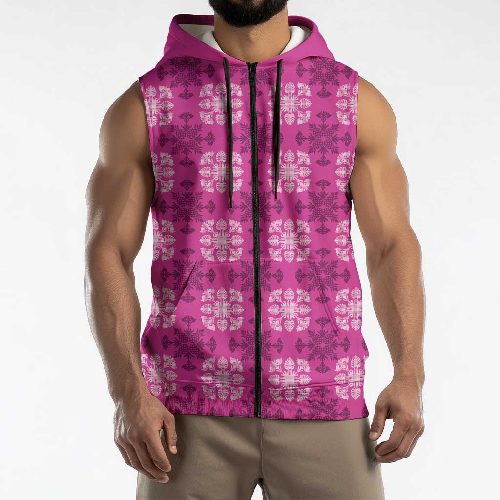 Pink Hawaiian Quilt Sleeveless Zip Hoodie Hawaii Pineapple Monstera Palaka Motifs - Polynesian Pride