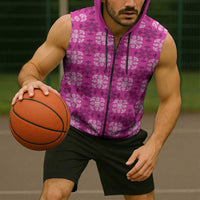 Pink Hawaiian Quilt Sleeveless Zip Hoodie Hawaii Pineapple Monstera Palaka Motifs - Polynesian Pride