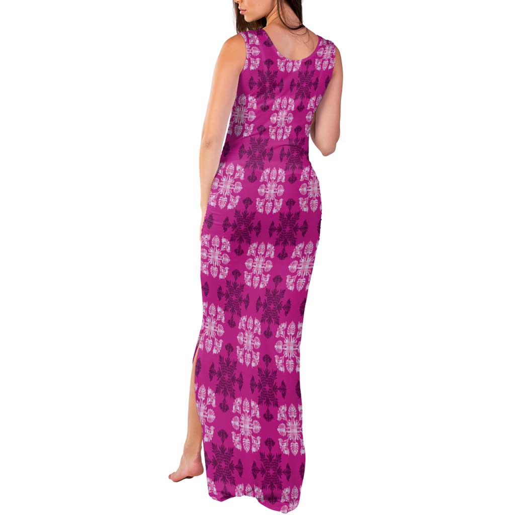 Pink Hawaiian Quilt Tank Maxi Dress Hawaii Pineapple Monstera Palaka Motifs - Polynesian Pride