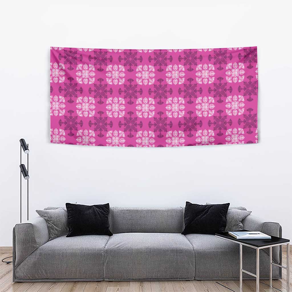 Pink Hawaiian Quilt Tapestry Hawaii Pineapple Monstera Palaka Motifs - Polynesian Pride