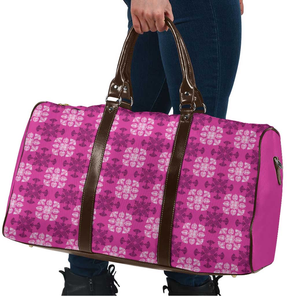 Pink Hawaiian Quilt Travel Bag Hawaii Pineapple Monstera Palaka Motifs - Polynesian Pride