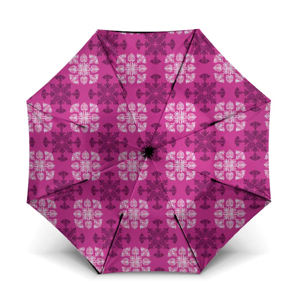 Pink Hawaiian Quilt Umbrella Hawaii Pineapple Monstera Palaka Motifs - Polynesian Pride