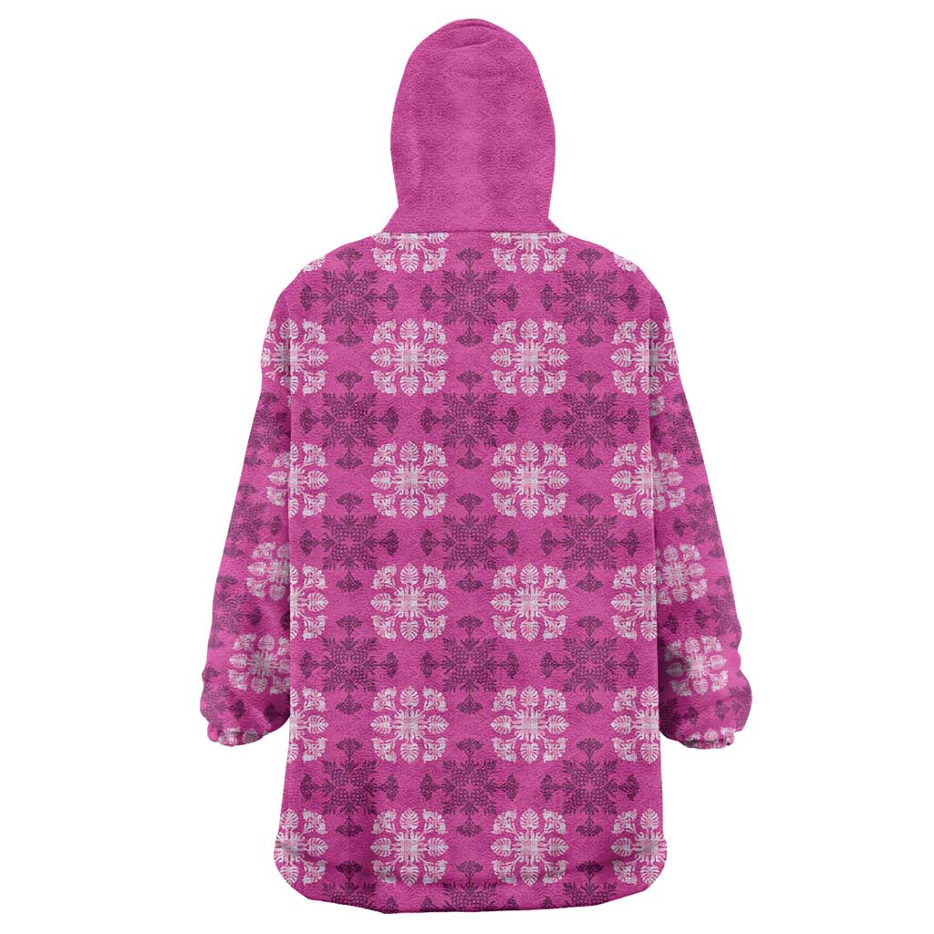 Pink Hawaiian Quilt Wearable Blanket Hoodie Hawaii Pineapple Monstera Palaka Motifs - Polynesian Pride