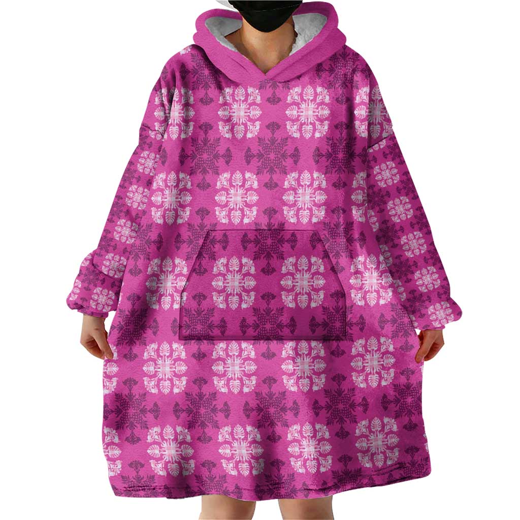 Pink Hawaiian Quilt Wearable Blanket Hoodie Hawaii Pineapple Monstera Palaka Motifs - Polynesian Pride