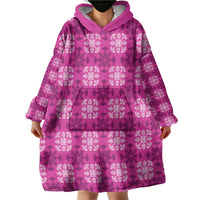 Pink Hawaiian Quilt Wearable Blanket Hoodie Hawaii Pineapple Monstera Palaka Motifs - Polynesian Pride