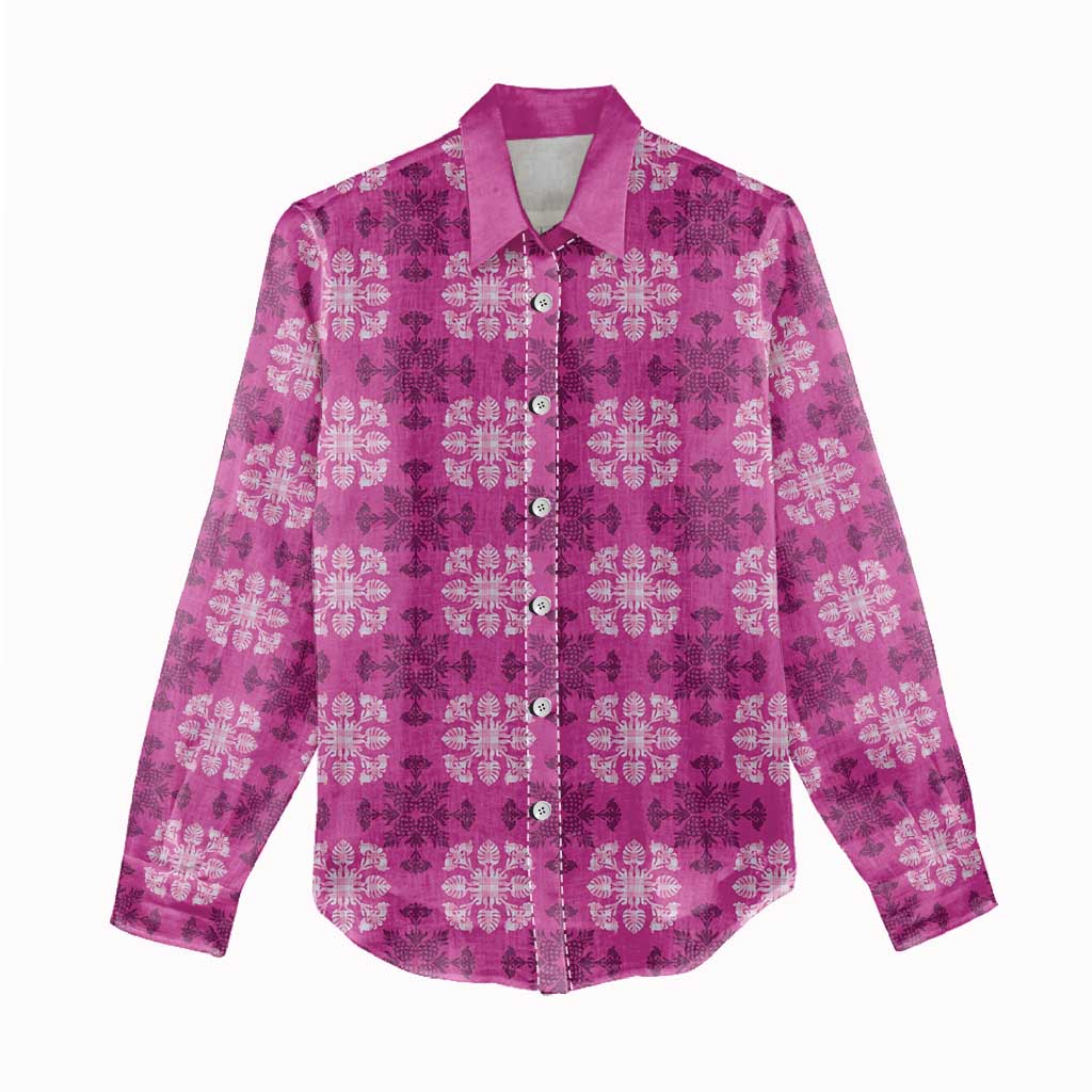 Pink Hawaiian Quilt Women Casual Shirt Hawaii Pineapple Monstera Palaka Motifs - Polynesian Pride