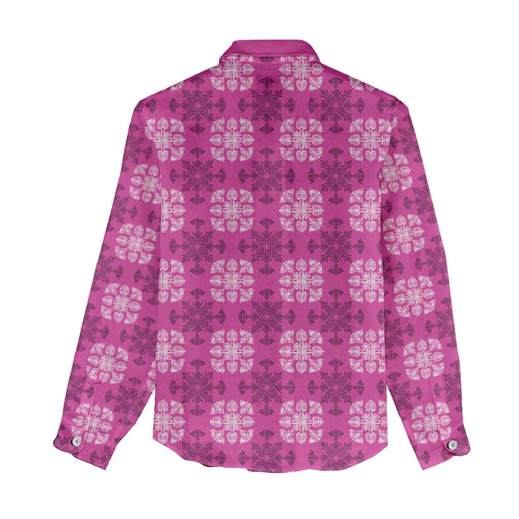 Pink Hawaiian Quilt Women Casual Shirt Hawaii Pineapple Monstera Palaka Motifs - Polynesian Pride