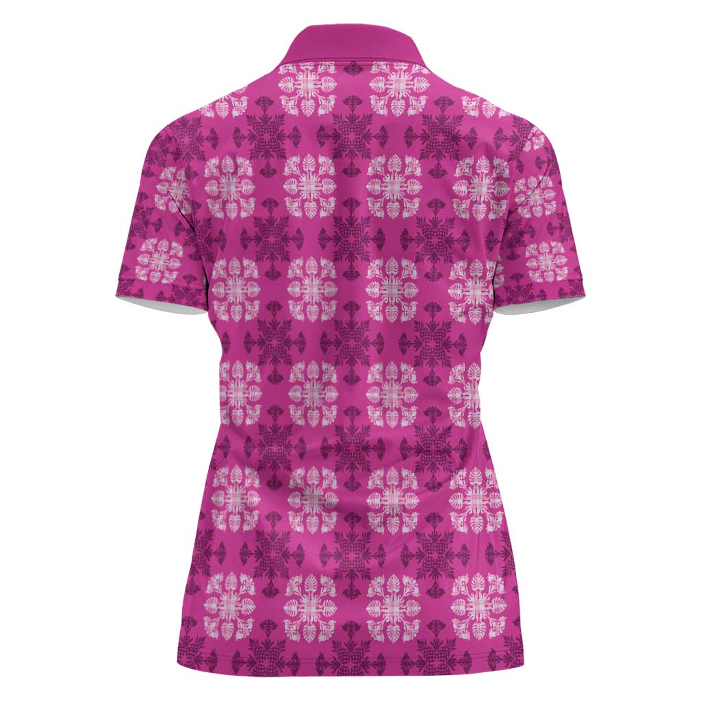 Pink Hawaiian Quilt Women Polo Shirt Hawaii Pineapple Monstera Palaka Motifs - Polynesian Pride
