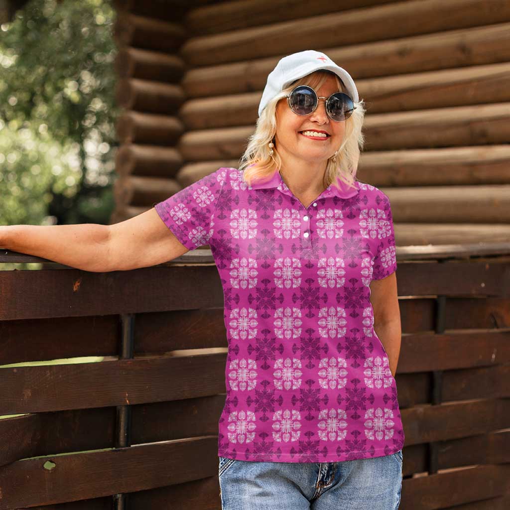 Pink Hawaiian Quilt Women Polo Shirt Hawaii Pineapple Monstera Palaka Motifs - Polynesian Pride