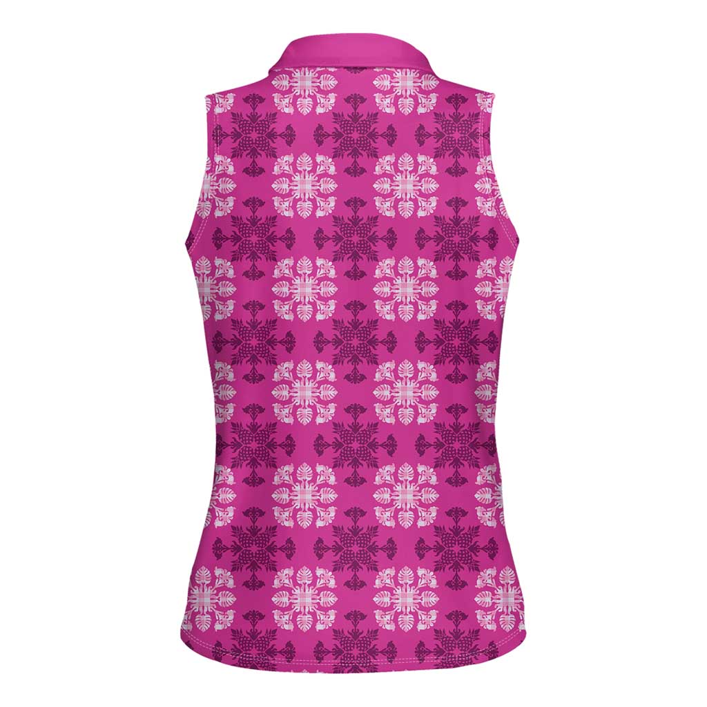 Pink Hawaiian Quilt Women Sleeveless Polo Shirt Hawaii Pineapple Monstera Palaka Motifs - Polynesian Pride