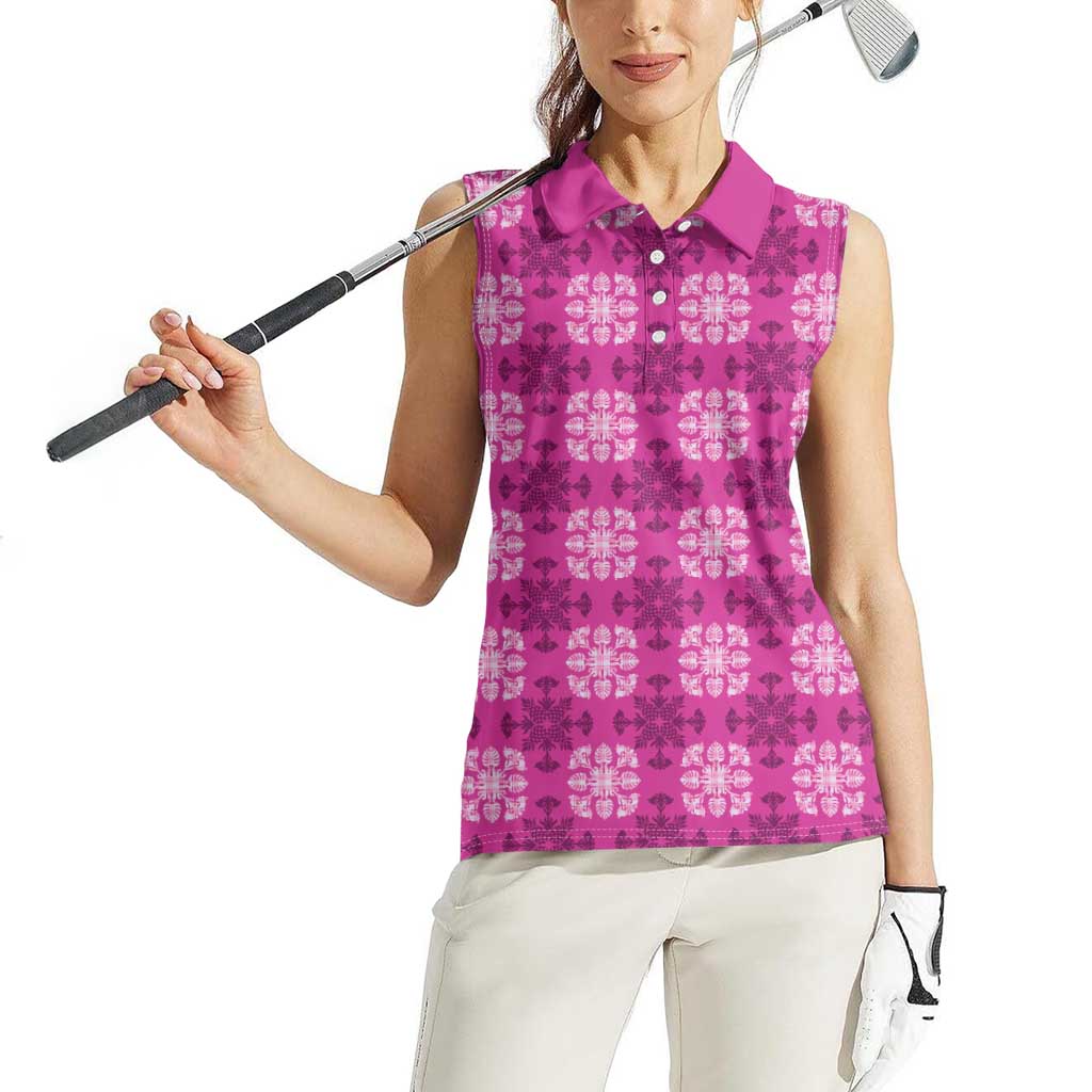 Pink Hawaiian Quilt Women Sleeveless Polo Shirt Hawaii Pineapple Monstera Palaka Motifs - Polynesian Pride