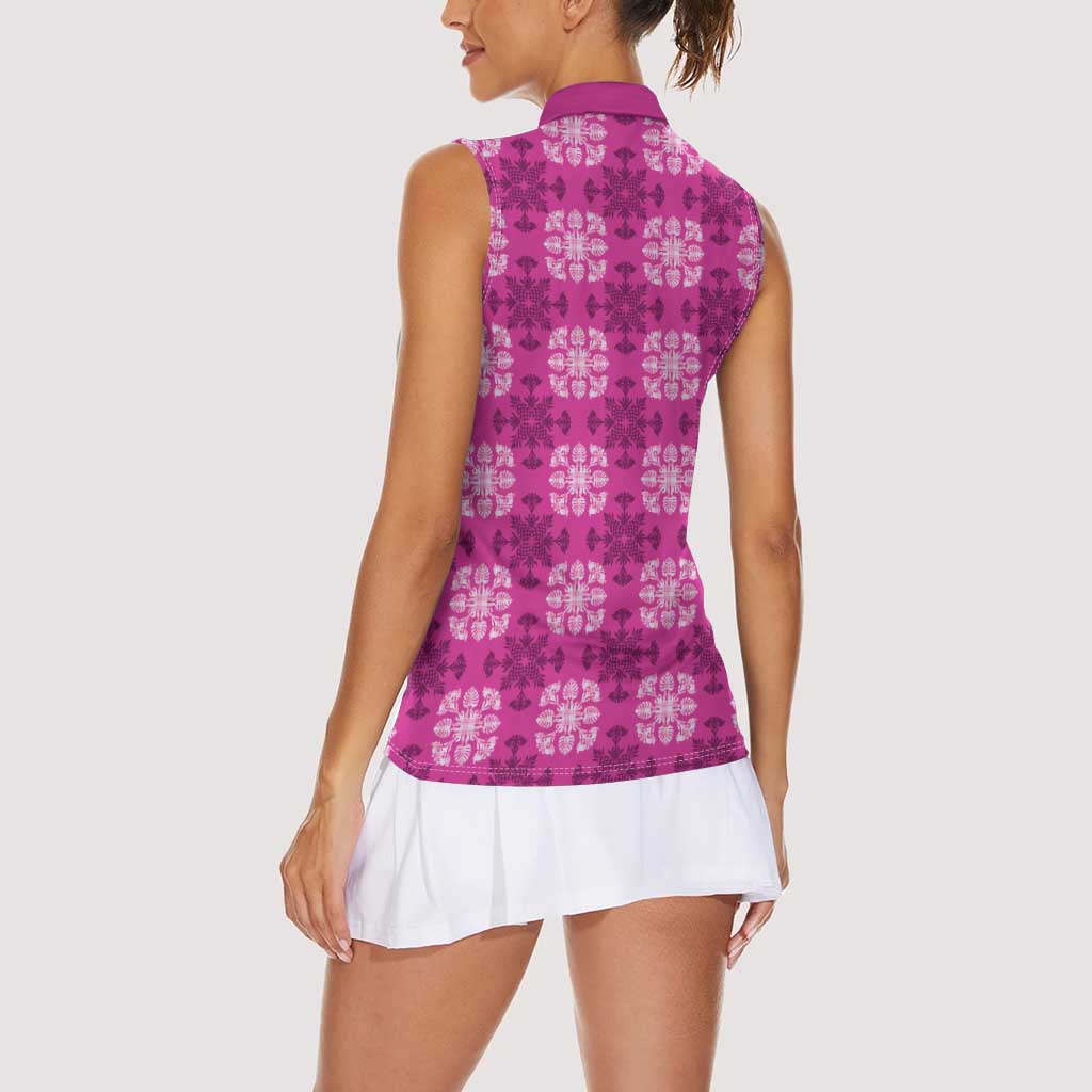Pink Hawaiian Quilt Women Sleeveless Polo Shirt Hawaii Pineapple Monstera Palaka Motifs - Polynesian Pride