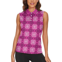Pink Hawaiian Quilt Women Sleeveless Polo Shirt Hawaii Pineapple Monstera Palaka Motifs - Polynesian Pride