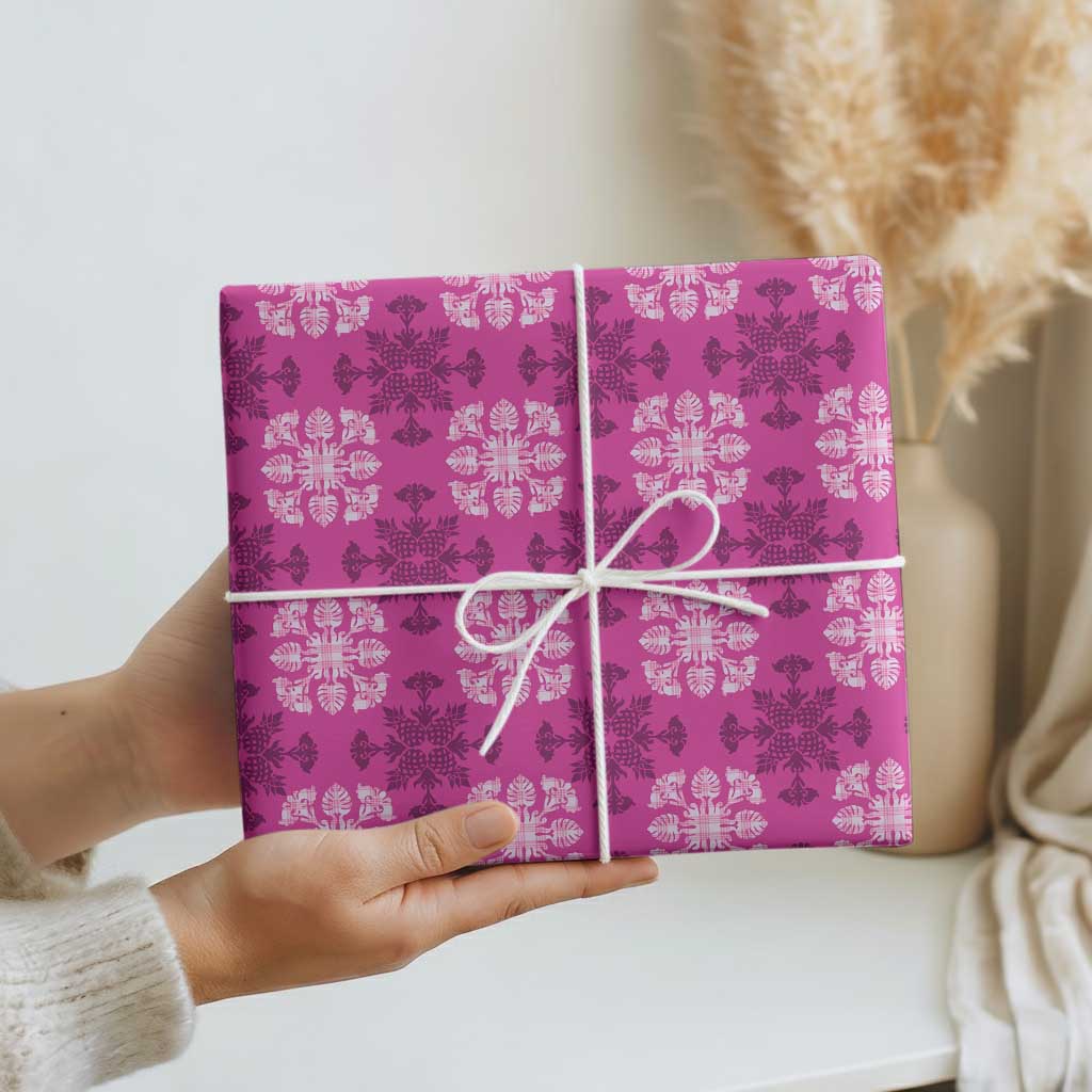 Pink Hawaiian Quilt Wrapping Paper Hawaii Pineapple Monstera Palaka Motifs - Polynesian Pride
