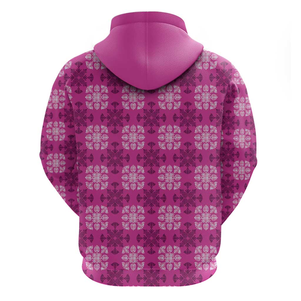 Pink Hawaiian Quilt Zip Hoodie Hawaii Pineapple Monstera Palaka Motifs - Polynesian Pride