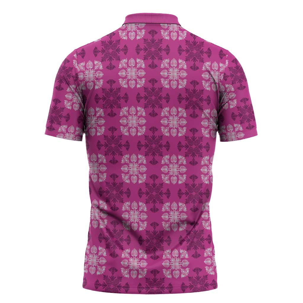 Pink Hawaiian Quilt Zipper Polo Shirt Hawaii Pineapple Monstera Palaka Motifs - Polynesian Pride