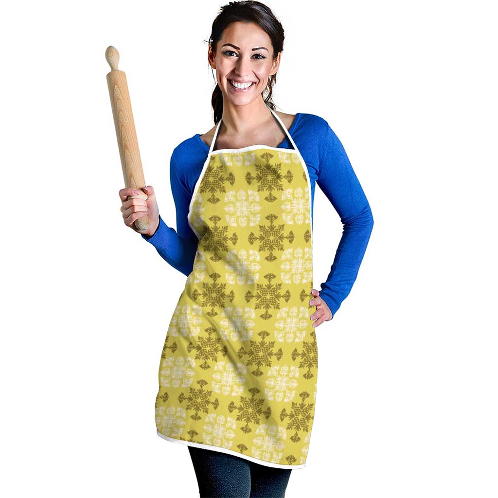 Yellow Hawaiian Quilt Apron Hawaii Pineapple Monstera Palaka Motifs - Polynesian Pride