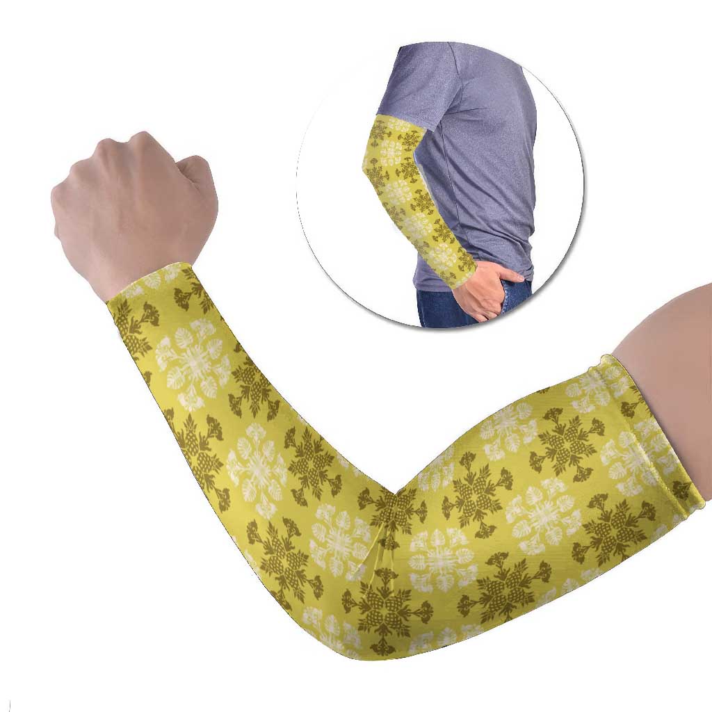 Yellow Hawaiian Quilt Arm Sleeves Hawaii Pineapple Monstera Palaka Motifs - Polynesian Pride