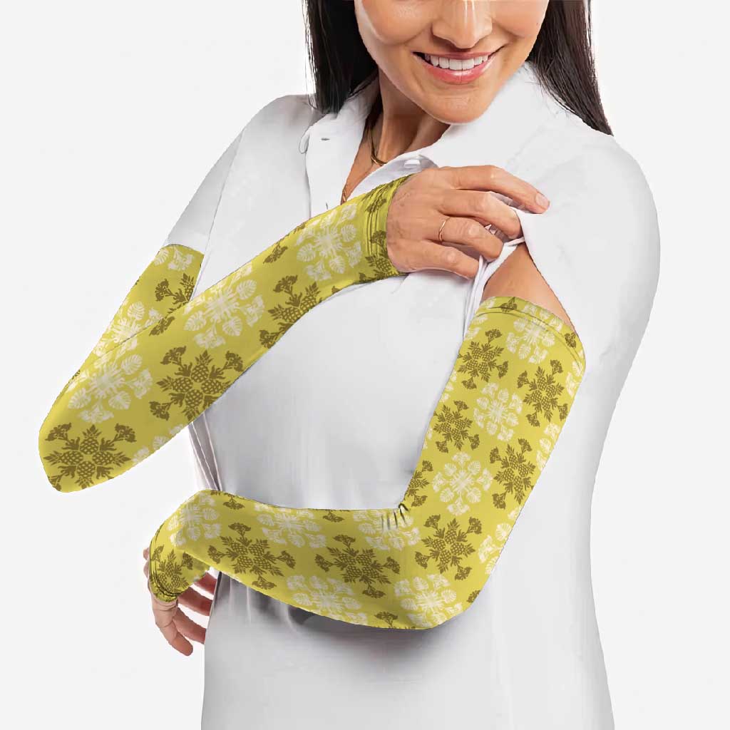 Yellow Hawaiian Quilt Arm Sleeves Hawaii Pineapple Monstera Palaka Motifs - Polynesian Pride