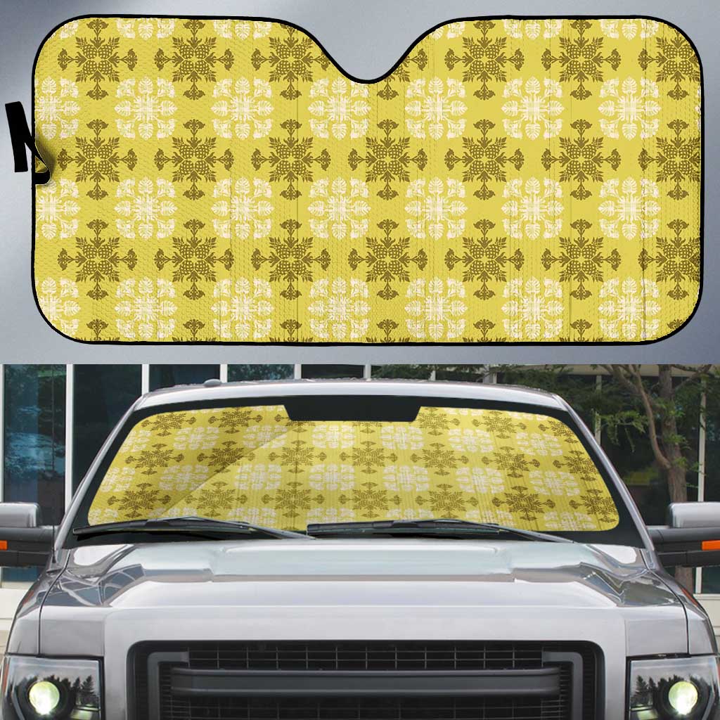 Yellow Hawaiian Quilt Auto Sun Shade Hawaii Pineapple Monstera Palaka Motifs - Polynesian Pride