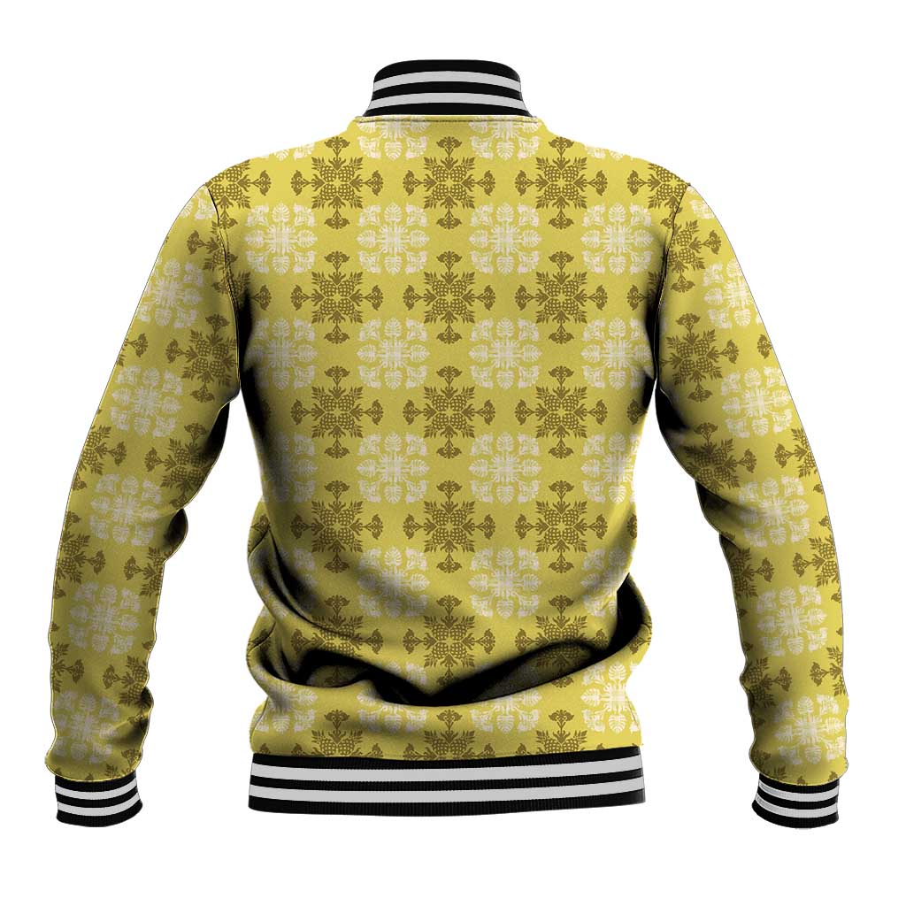 Yellow Hawaiian Quilt Baseball Jacket Hawaii Pineapple Monstera Palaka Motifs - Polynesian Pride