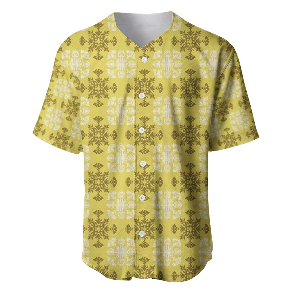 Yellow Hawaiian Quilt Baseball Jersey Hawaii Pineapple Monstera Palaka Motifs LT14 Yellow - Polynesian Pride