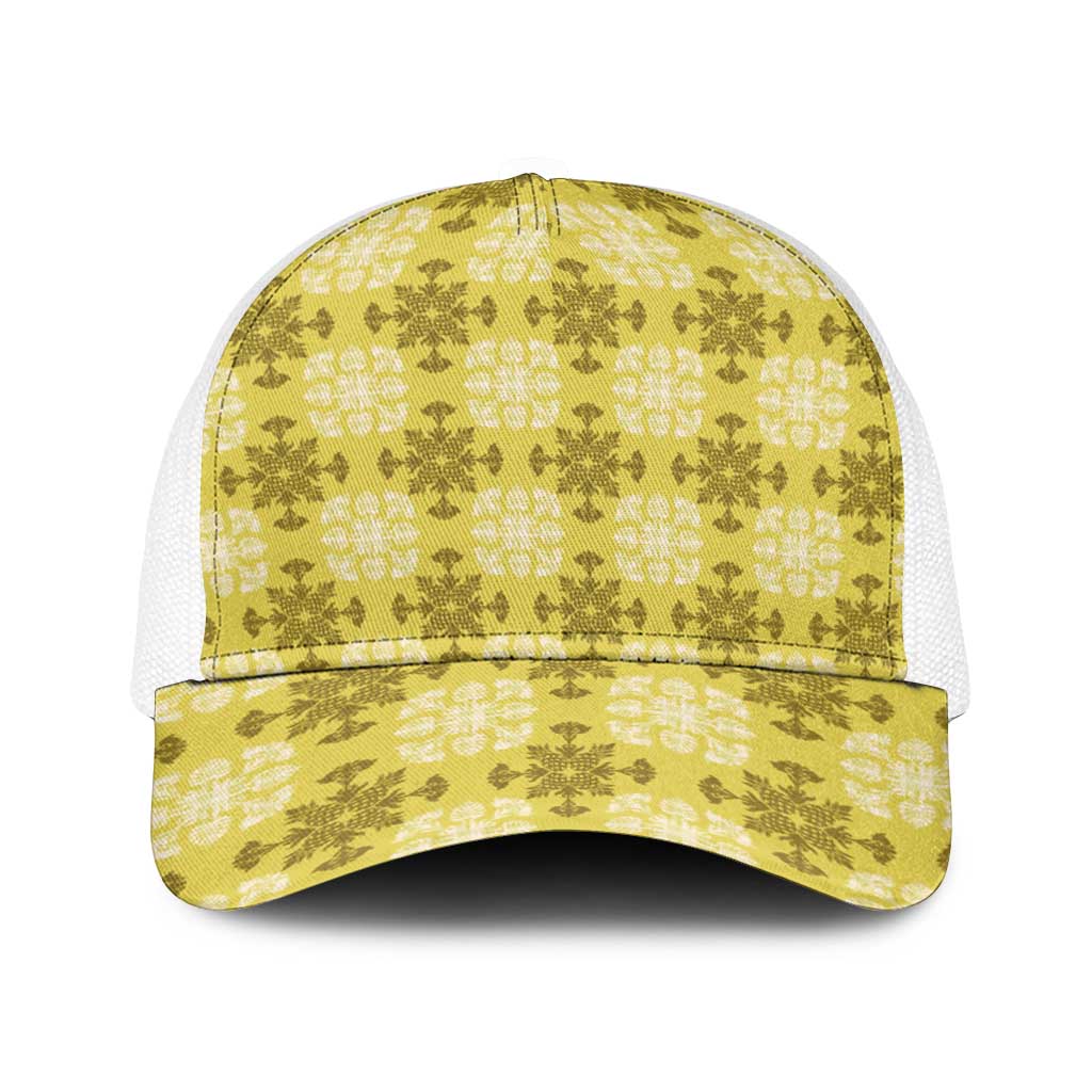 Yellow Hawaiian Quilt Baseball Net Cap Hawaii Pineapple Monstera Palaka Motifs - Polynesian Pride