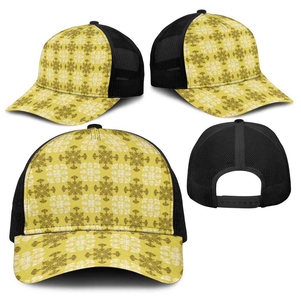 Yellow Hawaiian Quilt Baseball Net Cap Hawaii Pineapple Monstera Palaka Motifs - Polynesian Pride