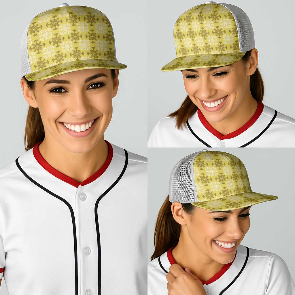 Yellow Hawaiian Quilt Baseball Net Cap Hawaii Pineapple Monstera Palaka Motifs - Polynesian Pride