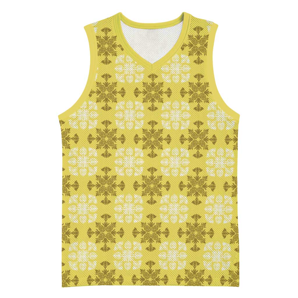 Yellow Hawaiian Quilt Basketball Jersey Hawaii Pineapple Monstera Palaka Motifs - Polynesian Pride