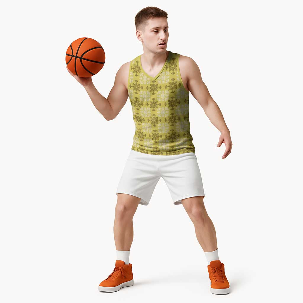Yellow Hawaiian Quilt Basketball Jersey Hawaii Pineapple Monstera Palaka Motifs - Polynesian Pride