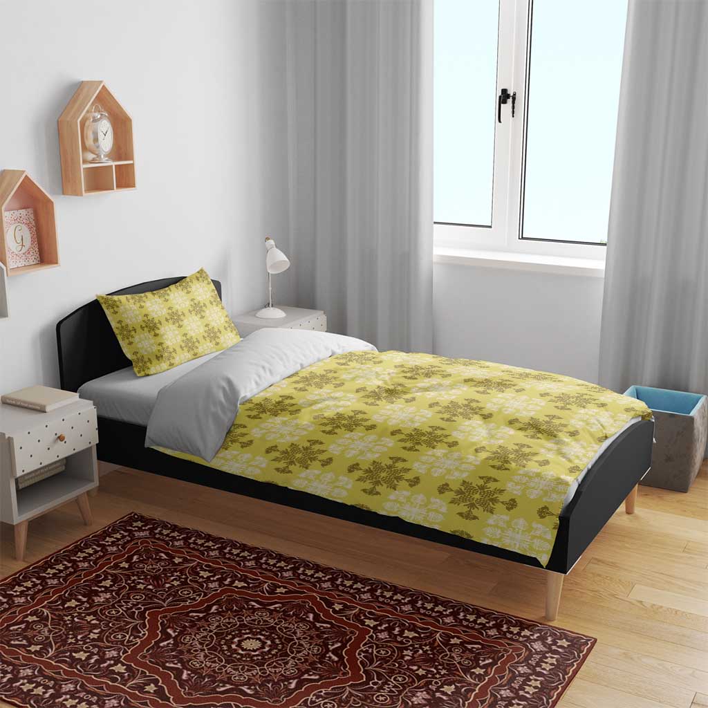 Yellow Hawaiian Quilt Bedding Set Hawaii Pineapple Monstera Palaka Motifs - Polynesian Pride