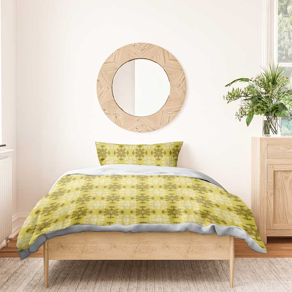 Yellow Hawaiian Quilt Bedding Set Hawaii Pineapple Monstera Palaka Motifs - Polynesian Pride