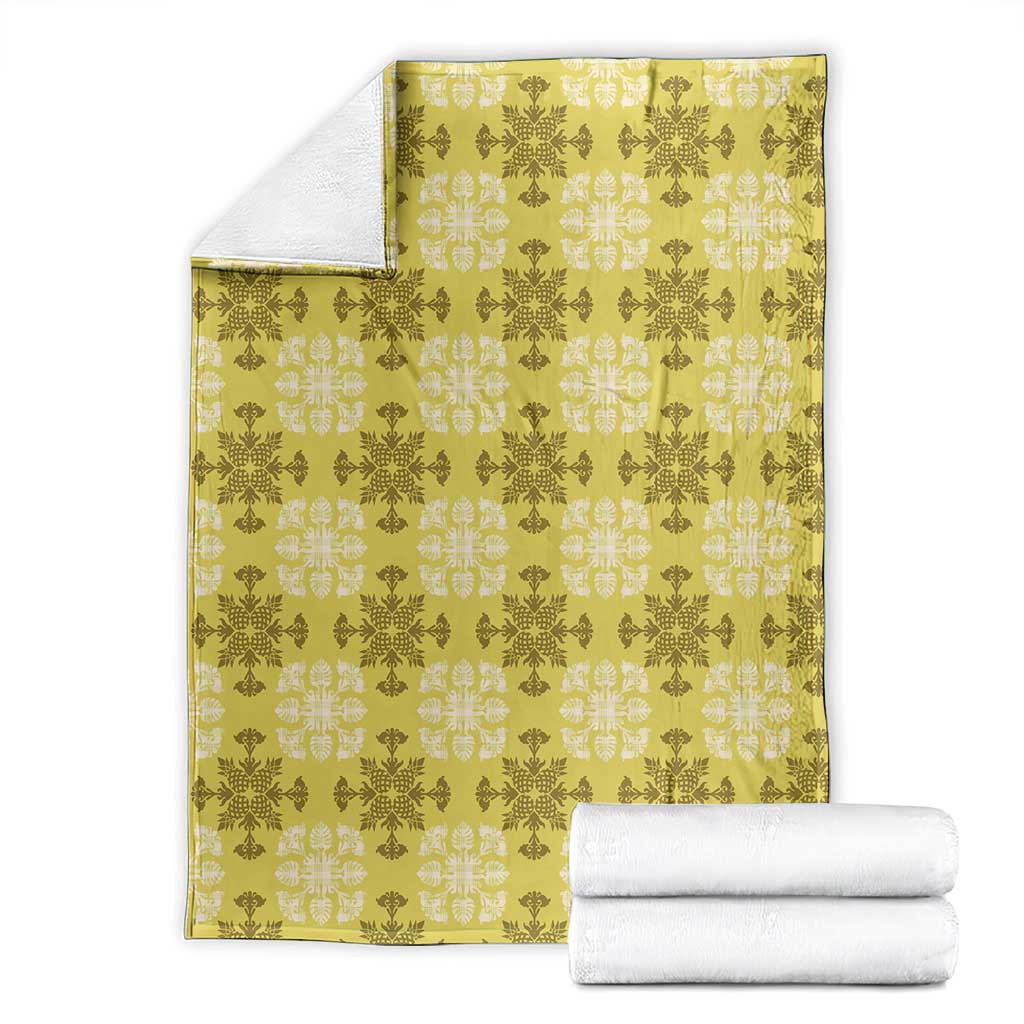 Yellow Hawaiian Quilt Blanket Hawaii Pineapple Monstera Palaka Motifs - Polynesian Pride