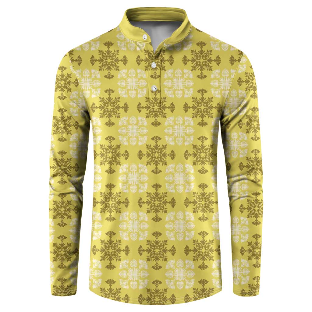 Yellow Hawaiian Quilt Button Sweatshirt Hawaii Pineapple Monstera Palaka Motifs - Polynesian Pride