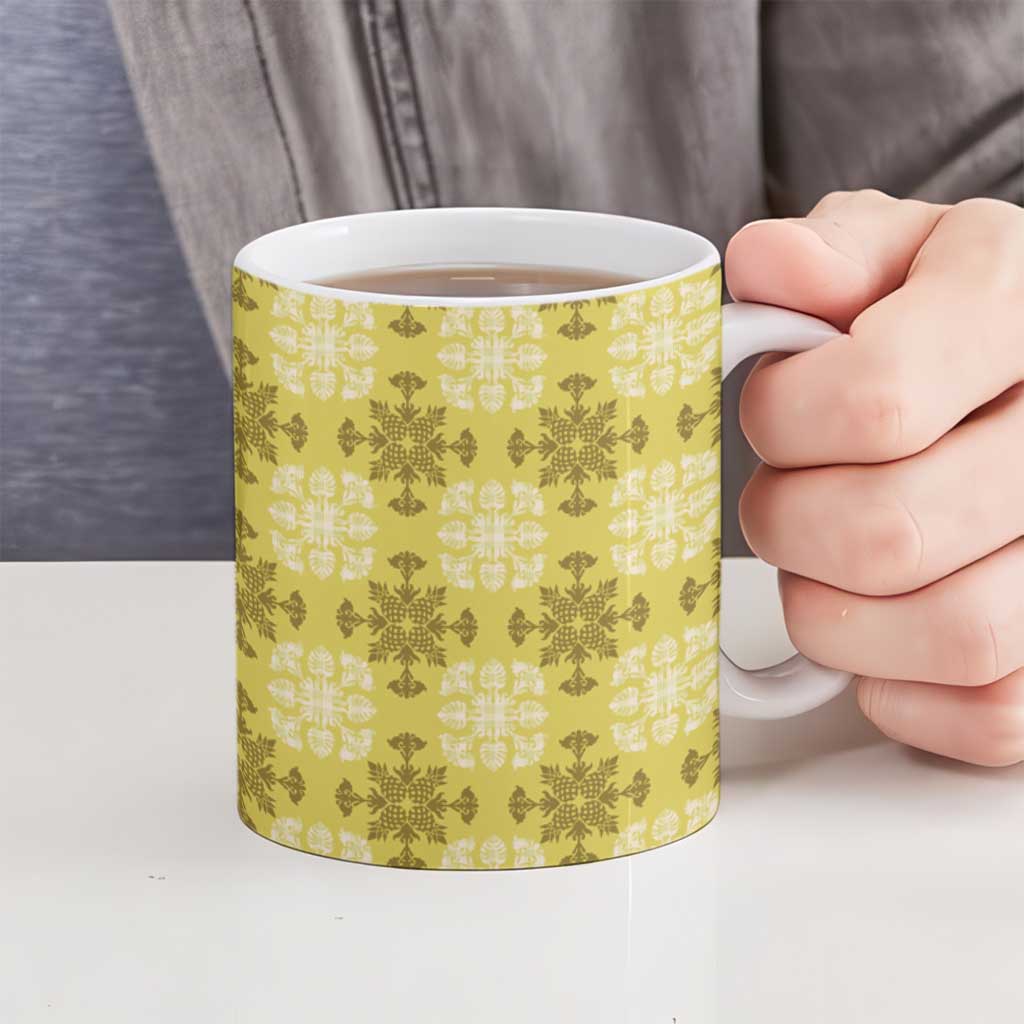 Yellow Hawaiian Quilt Ceramic Mug Hawaii Pineapple Monstera Palaka Motifs - Polynesian Pride