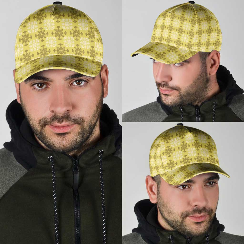 Yellow Hawaiian Quilt Classic Cap Hawaii Pineapple Monstera Palaka Motifs - Polynesian Pride