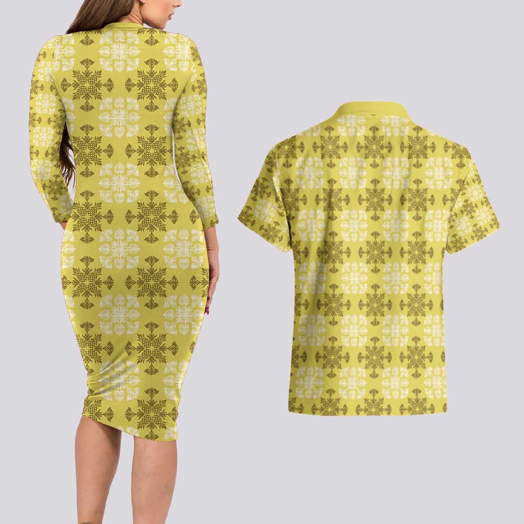 Yellow Hawaiian Quilt Couples Matching Long Sleeve Bodycon Dress and Hawaiian Shirt Hawaii Pineapple Monstera Palaka Motifs LT14 - Polynesian Pride