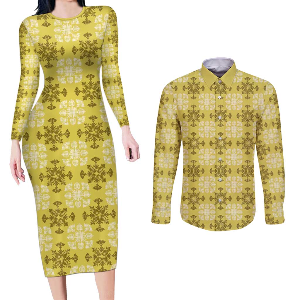 Yellow Hawaiian Quilt Couples Matching Long Sleeve Bodycon Dress and Long Sleeve Button Shirt Hawaii Pineapple Monstera Palaka Motifs LT14 Yellow - Polynesian Pride