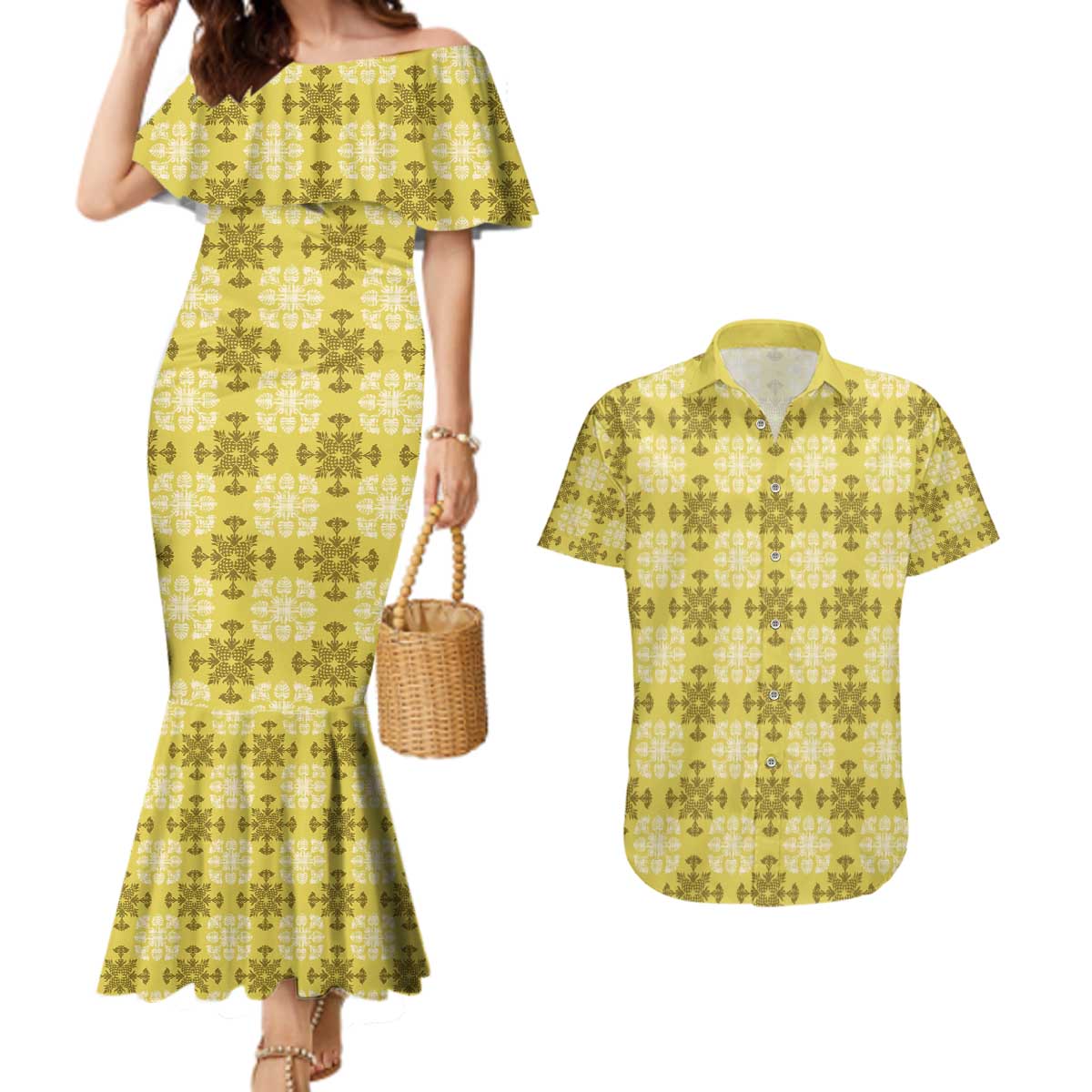 Yellow Hawaiian Quilt Couples Matching Mermaid Dress and Hawaiian Shirt Hawaii Pineapple Monstera Palaka Motifs - Polynesian Pride