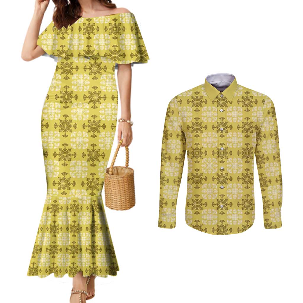 Yellow Hawaiian Quilt Couples Matching Mermaid Dress and Long Sleeve Button Shirt Hawaii Pineapple Monstera Palaka Motifs - Polynesian Pride
