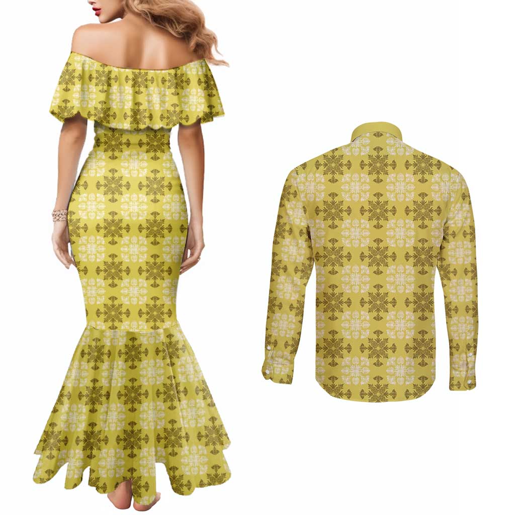Yellow Hawaiian Quilt Couples Matching Mermaid Dress and Long Sleeve Button Shirt Hawaii Pineapple Monstera Palaka Motifs - Polynesian Pride
