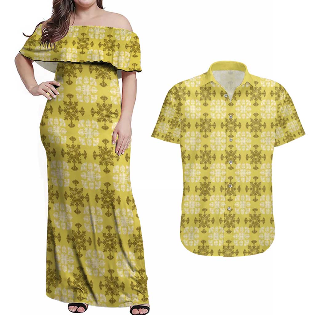 Yellow Hawaiian Quilt Couples Matching Off Shoulder Maxi Dress and Hawaiian Shirt Hawaii Pineapple Monstera Palaka Motifs LT14 Yellow - Polynesian Pride